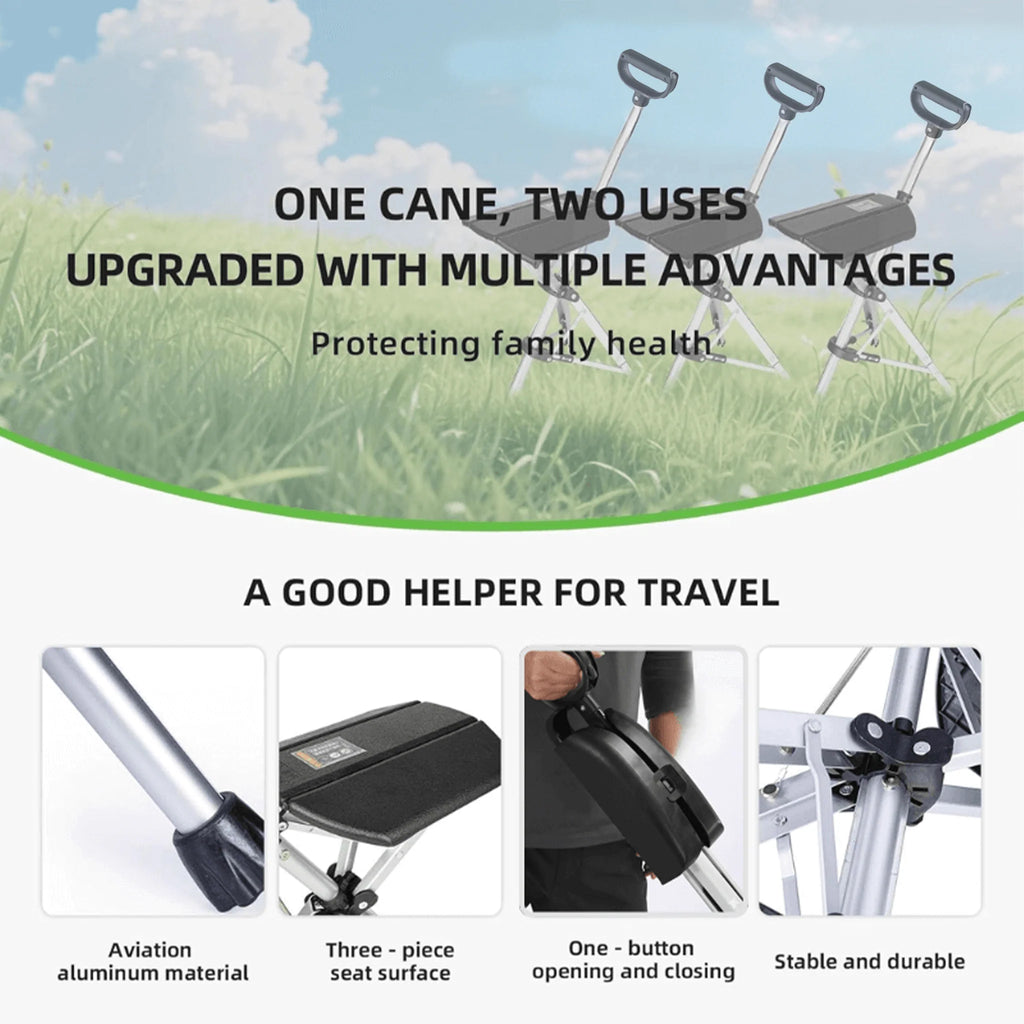 Walking Stick with Seat – Foldable Adjustable Cane Chair for Travel and Outdoor Use