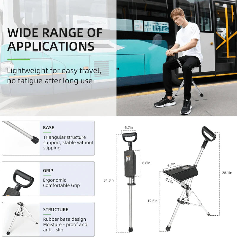 Walking Stick with Seat – Foldable Adjustable Cane Chair for Travel and Outdoor Use